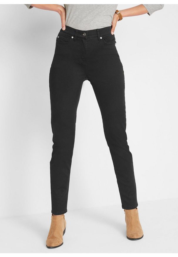 bonprix - Dżinsy o kroju slim fit, mid waist, z wygodnym paskiem. Kolor: czarny