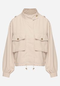 Born2be - Beżowa Kurtka ze Stójką i Ozdobnymi Guzikami Ściągana w Pasie Troczkiem Basalle. Okazja: na co dzień. Typ kołnierza: kołnierzyk stójkowy. Kolor: beżowy. Materiał: jeans. Styl: casual, elegancki #7