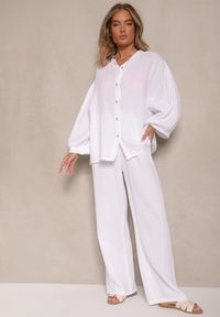 Renee - Biały Bawełniany Komplet Muślinowy Oversize z Koszulą i Szerokimi Spodniami Ziorina. Kolor: biały. Materiał: bawełna. Wzór: aplikacja #4