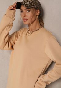 Renee - Ciemnobeżowa Bluza z Bawełną i Ściągaczami przy Rękawach Ravemi. Kolor: beżowy. Materiał: bawełna. Sezon: zima