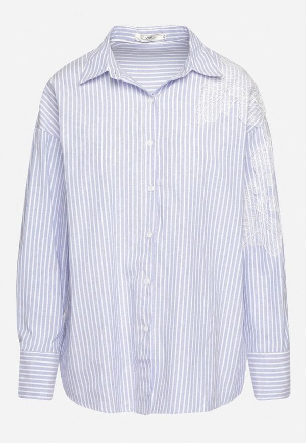 Born2be - Niebieska Koszula z Bawełny Ozdobiona Paskami i Siateczką przy Rękawie Mericela. Okazja: na co dzień. Kolor: niebieski. Materiał: bawełna. Wzór: aplikacja. Styl: casual