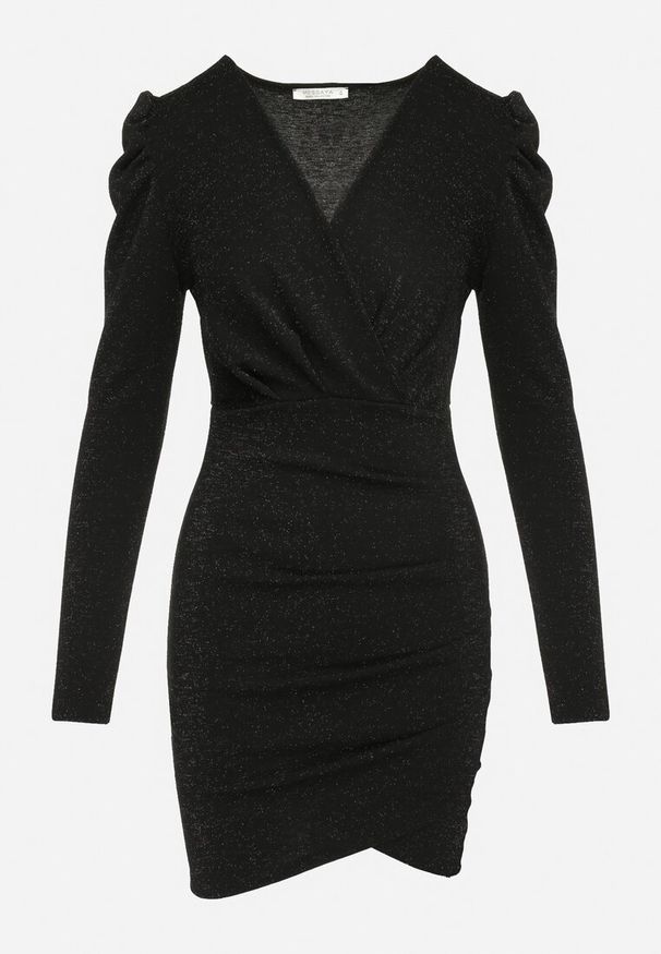 Born2be - Czarna Dopasowana Sukienka Kopertowa Mini z Metaliczną Nitką Noires. Typ kołnierza: dekolt kopertowy. Kolor: czarny. Materiał: tkanina. Długość rękawa: długi rękaw. Typ sukienki: kopertowe. Długość: mini