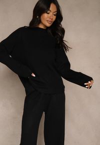 Renee - Czarny Komplet Oversize z Dzianiny z Wełną Sweter i Szerokie Spodnie Alenria. Kolor: czarny. Materiał: wełna, dzianina