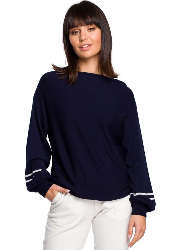 MOE - Granatowy Nietoperzowy Sweter z Bufiastym Rękawem z Lampasami. Kolor: niebieski. Materiał: poliester, wiskoza