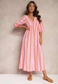 Renee - Różowo-Pomarańczowa Bawełniana Sukienka w Paski o Rozkloszowanym Kroju Legelia. Kolor: różowy. Materiał: bawełna. Wzór: paski. Typ sukienki: rozkloszowane #1