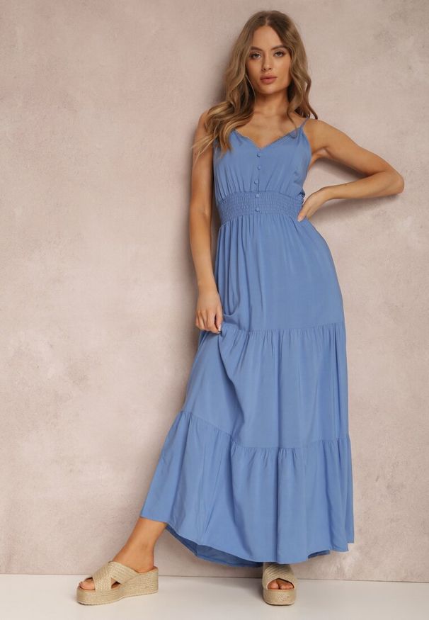 Renee - Niebieska Sukienka Egithoe. Kolor: niebieski. Długość rękawa: na ramiączkach. Wzór: ażurowy, jednolity, aplikacja. Długość: midi