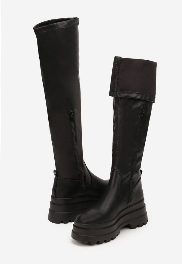 Born2be - Czarne Dopasowane Kozaki Vices z Wysoką Cholewką i Platformą Cerane. Okazja: na randkę, na spacer. Wysokość cholewki: przed kolano. Kolor: czarny. Materiał: skóra, jeans, żakard. Szerokość cholewki: normalna. Obcas: na platformie. Styl: elegancki