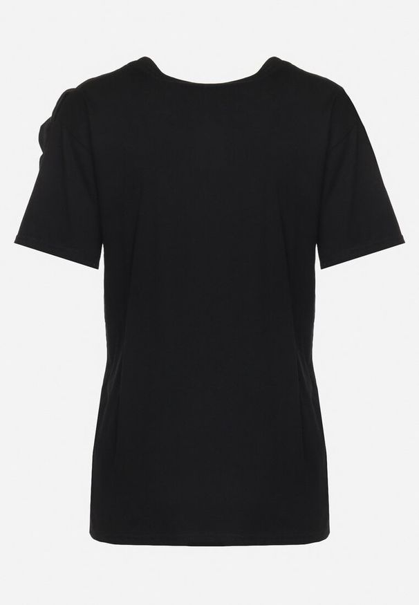 Born2be - Czarny Bawełniany T-shirt z Krótkim Rękawem i Aplikacją w Kształcie Kwiatu z Cyrkoniami Dimantee. Okazja: na co dzień. Kolor: czarny. Materiał: bawełna. Długość rękawa: krótki rękaw. Długość: krótkie. Wzór: aplikacja, kwiaty. Styl: casual, klasyczny