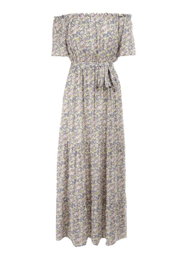 Born2be - Fioletowo-Żółta Sukienka z Bawełny Thesamia. Kolor: fioletowy. Materiał: bawełna. Wzór: nadruk, kwiaty. Długość: maxi