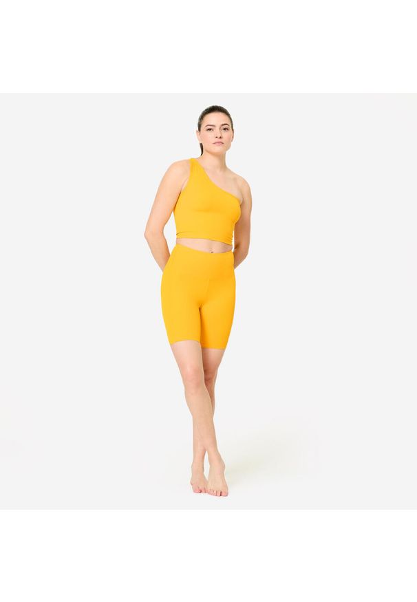 DOMYOS - Legginsy fitness damskie Domyos krótkie. Stan: podwyższony. Kolor: pomarańczowy, żółty, wielokolorowy. Materiał: poliamid, elastan, materiał. Długość: krótkie. Sport: fitness