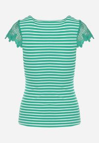 Born2be - Zielony Bawełniany T-shirt Koszulka z Krótkim Rękawem z Ozdobną Koronką przy Dekolcie Carines. Okazja: na co dzień. Kolor: zielony. Materiał: bawełna, koronka. Długość rękawa: krótki rękaw. Długość: krótkie. Wzór: koronka. Styl: casual, elegancki #4