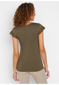 Shirt LENZING™ ECOVERO™ z koronką bonprix zielony khaki. Kolor: zielony. Materiał: koronka. Wzór: koronka #6