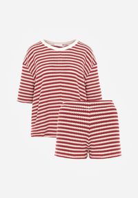 Renee - Beżowo-Czerwony Komplet Casualowy z Bawełny Oversize T-shirt i Szorty w Paski Stylizowany na Szydełkowany Pherra. Kolor: beżowy. Materiał: bawełna. Wzór: paski #2
