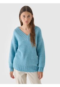 outhorn - Sweter z wełną i alpaką damski Outhorn - niebieski. Typ kołnierza: dekolt w serek. Kolekcja: plus size. Kolor: turkusowy. Materiał: wełna. Sezon: zima #1