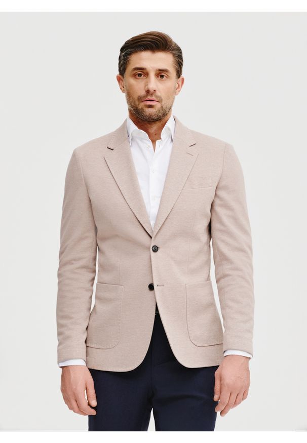 Pako Lorente - Beżowa marynarka melanż. Okazja: na co dzień. Kolor: beżowy. Materiał: dzianina, bawełna, poliester. Wzór: melanż. Sezon: wiosna. Styl: casual