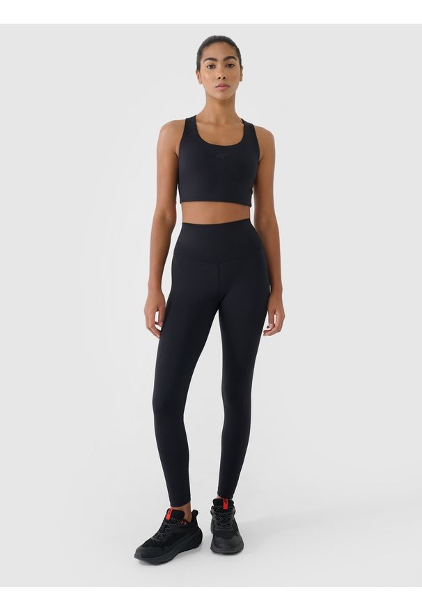 4f - 4F Legginsy treningowe z wysokim stanem damskie - czarne XS. Stan: podwyższony. Kolor: czarny. Materiał: dzianina, włókno, poliester, materiał, elastan. Wzór: gładki, ze splotem, jednolity. Sport: fitness