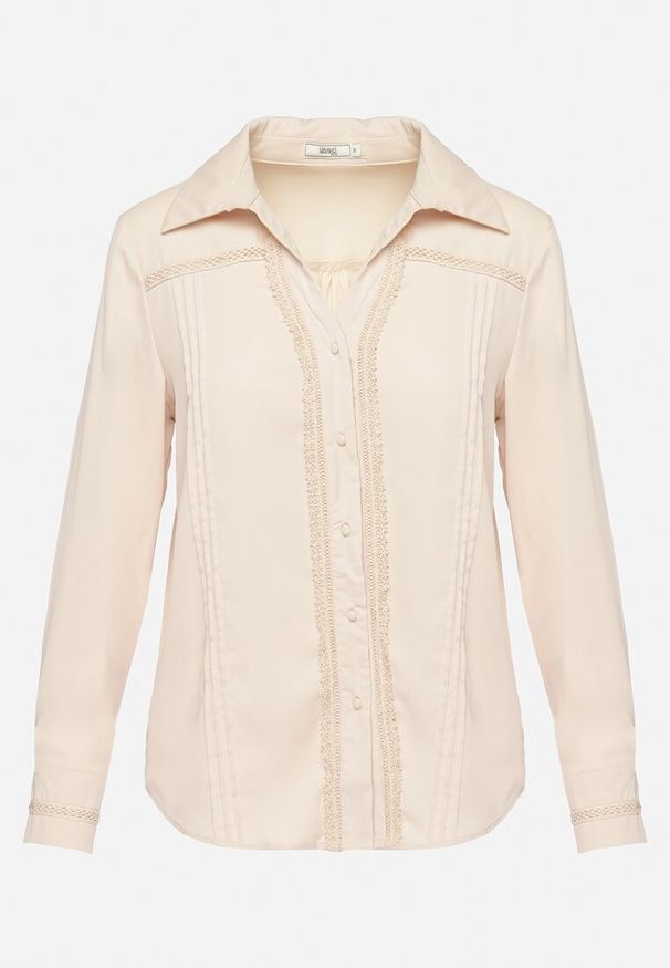 Born2be - Beżowa Koszula z Koronkową Lamówką Latorena. Kolor: beżowy. Materiał: koronka. Styl: elegancki