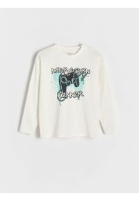 Reserved - Bawełniany longsleeve - złamana biel. Materiał: bawełna. Długość rękawa: długi rękaw