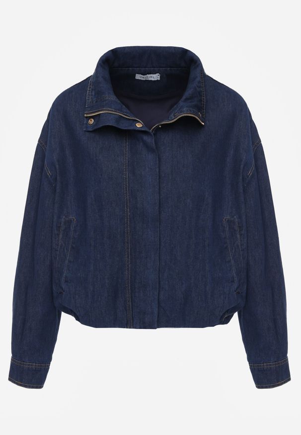 Born2be - Ciemnoniebieska Jeansowa Kurtka Przejściowa z Bawełny o Kroju Bombki z Kołnierzykiem Jotima. Okazja: na co dzień, na randkę. Kolor: niebieski. Materiał: jeans, bawełna. Styl: casual, elegancki