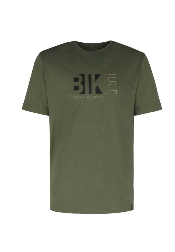 Volcano - T-shirt męski khaki, Comfort Fit, T-EKIB. Okazja: na co dzień. Kolor: brązowy. Materiał: materiał, bawełna. Długość rękawa: krótki rękaw. Długość: krótkie. Wzór: nadruk. Styl: klasyczny, casual