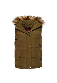 Damska kurtka puchowa bez rękawów ze sztucznego futra Superdry Everest. Okazja: na co dzień. Kolor: zielony. Materiał: futro, puch. Długość rękawa: bez rękawów. Styl: casual, elegancki #1