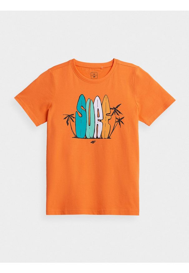4f - T-shirt z nadrukiem chłopięcy. Kolor: pomarańczowy. Materiał: dzianina, materiał, bawełna. Wzór: nadruk