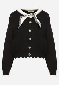 Born2be - Czarny Kardigan z Wiskozą w Stylu Retro Zdobiony Wiązaniem i Eleganckimi Guzikami Selimi. Okazja: na co dzień. Typ kołnierza: kołnierz z falbankami. Kolor: czarny. Materiał: wiskoza. Wzór: aplikacja. Styl: retro, elegancki #5