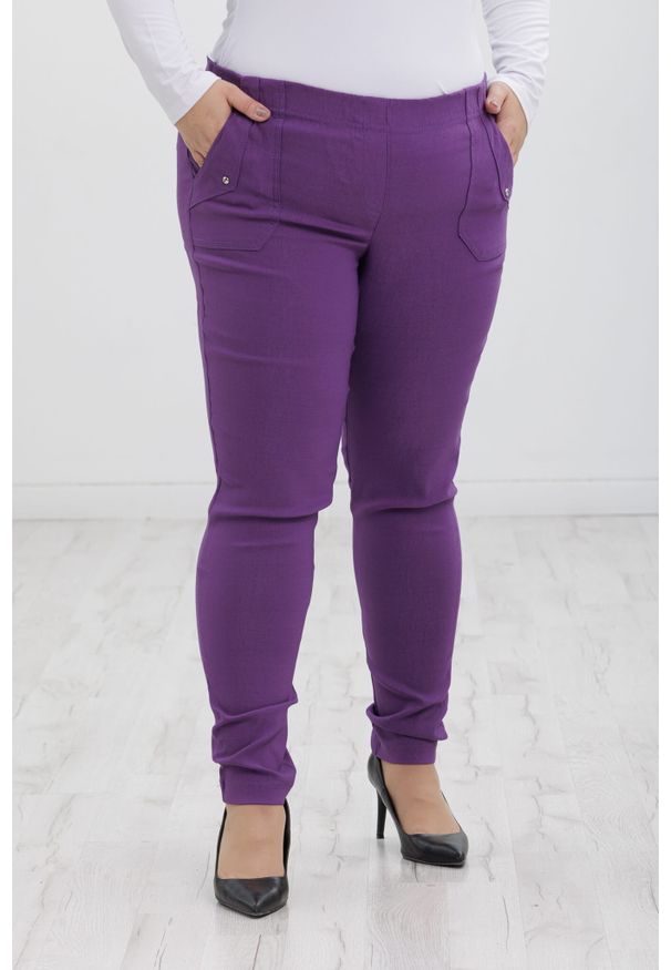 Nasi partnerzy - Klasyczne fioletowe spodnie Nita ze zwężoną nogawką PLUS SIZE XXL. Okazja: na co dzień, do pracy, na spacer. Kolekcja: plus size. Kolor: fioletowy. Materiał: poliester, elastan, tkanina, materiał, włókno, wiskoza. Długość: krótkie. Styl: klasyczny