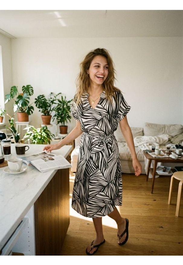 Sinsay - Wiskozowa sukienka midi z rękawem kimono w abstrakcyjny wzór - wielobarwny. Materiał: wiskoza. Długość: midi