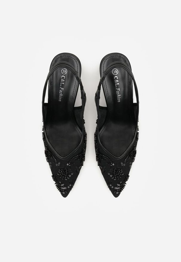 Renee - Czarne Sandały na Szpilce Typu Slingback z Cekinami Resseris. Okazja: na ślub cywilny, na wesele, na imprezę. Kolor: czarny. Materiał: koronka. Obcas: na szpilce. Styl: elegancki