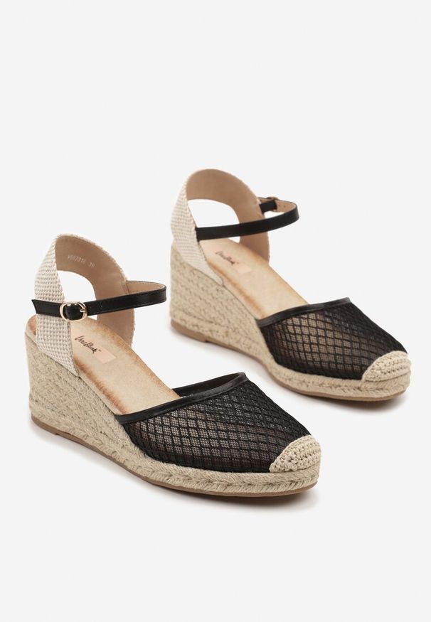 Born2be - Czarne Sandały Espadryle na Koturnie z Plecionki z Siateczką Meranisea. Okazja: na co dzień. Kolor: czarny. Materiał: jeans. Sezon: lato. Obcas: na koturnie. Styl: klasyczny, casual