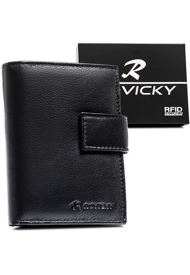 ROVICKY - Duży portfel męski ze skóry naturalnej w czarnym kolorze, mieszczący dowód rejestracyjny i zamykany na zatrzask - Rovicky. Kolor: czarny. Materiał: skóra