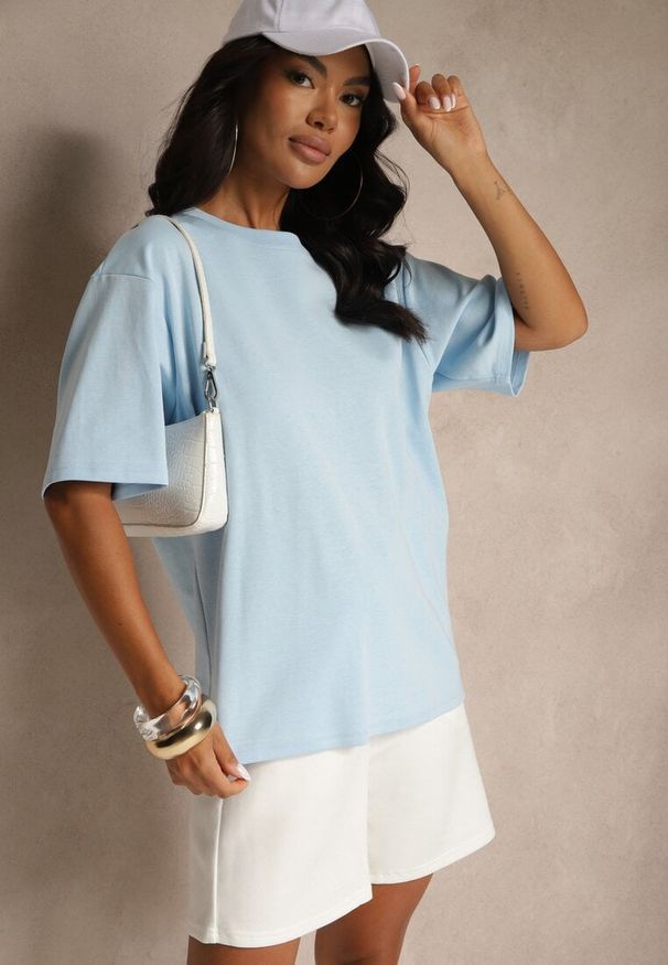 Renee - Jasnoniebieski Basicowy T-shirt z Bawełny Meranissea. Okazja: do pracy, na spotkanie biznesowe, na co dzień. Kolor: niebieski. Materiał: bawełna. Wzór: bez wzorów, aplikacja. Styl: biznesowy, elegancki, casual, klasyczny