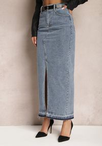 Renee - Granatowa Ołówkowa Spódnica Jeansowa z Ozdobnym Rozcięciem Lefrana. Kolor: niebieski. Materiał: jeans. Styl: elegancki #4