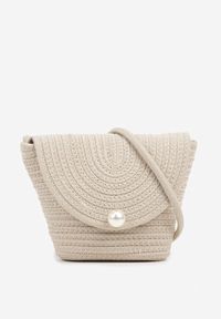 Born2be - Beżowa Bawełniana Torebka w Stylu Listonoszki Ozdobiona Perełką Saviellene. Kolor: beżowy. Wzór: aplikacja. Styl: elegancki, casual