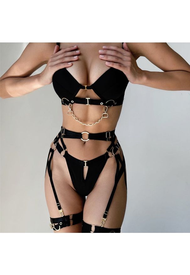 Intica - Komplet bielizny z pasem i łańcuszkiem elegancki design Hajnalka. Kolor: czarny. Materiał: tkanina