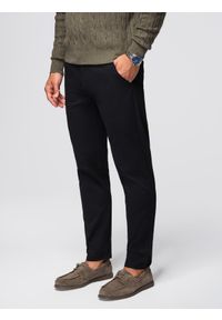 Ombre Clothing - Spodnie męskie chino z ozdobną taśmą w pasie SLIM FIT – czarne V1 - Rozmiar: XL. Okazja: na co dzień. Kolor: czarny. Materiał: bawełna, elastan. Styl: casual #1