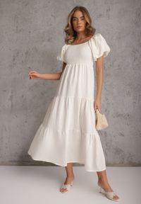 Renee - Jasnobeżowa Sukienka z Wiskozy o Rozkloszowanym Kroju z Bufiastymi Rękawkami Rosena. Kolor: beżowy. Materiał: wiskoza. Długość rękawa: krótki rękaw. Sezon: lato. Typ sukienki: rozkloszowane. Długość: maxi #4