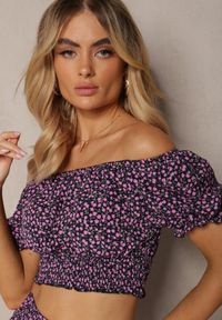 Renee - Granatowy Komplet w Kwiaty 2-Częściowy Top w Stylu Hiszpanki i Spódnica z Falbanką Crispa. Kolor: niebieski. Materiał: materiał. Wzór: kwiaty #4