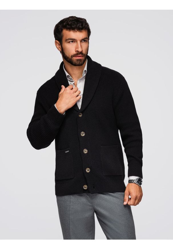 Ombre Clothing - Sweter bawełniany męski kardigan z szalowym kołnierzem - czarny V4 - Rozmiar: XXL. Okazja: na co dzień. Kolor: czarny. Materiał: bawełna. Wzór: gładki, ze splotem. Styl: klasyczny, casual, elegancki