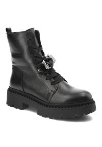 Czarne Botki Karino Skórzane Eleganckie Buty Damskie. Kolor: czarny. Materiał: skóra. Szerokość cholewki: normalna. Wzór: aplikacja. Styl: elegancki