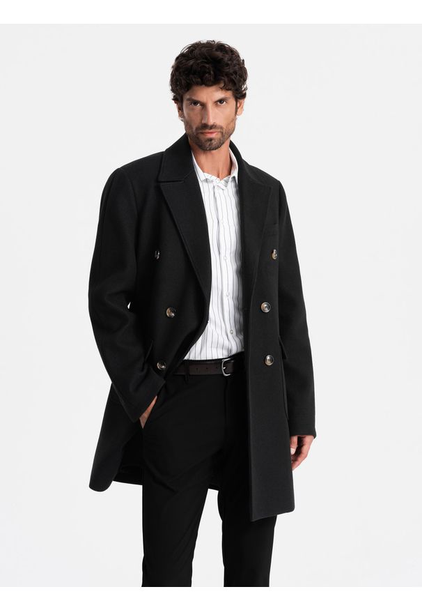 Ombre Clothing - Męski dwurzędowy płaszcz z ozdobnymi guzikami – czarny V2 OM-COWC-0109 - XXL. Typ kołnierza: kołnierz rewers. Kolor: czarny. Materiał: materiał, poliester. Długość: długie. Styl: wizytowy, klasyczny, elegancki