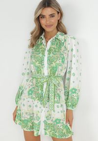 Born2be - Jasnozielona Koszulowa Sukienka z Guzikami i Gumką w Pasie Melija. Kolor: zielony. Materiał: materiał. Wzór: kwiaty. Sezon: wiosna, lato. Typ sukienki: koszulowe #5