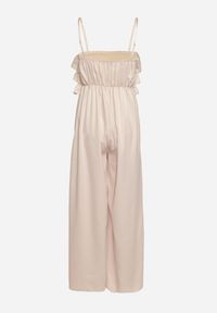 Born2be - Beżowy Kombinezon Koktajlowy na Regulowanych Ramiączkach z Falbankami i Gumką w Pasie Tesvia. Okazja: na co dzień. Kolor: beżowy. Długość rękawa: na ramiączkach. Styl: wizytowy #4