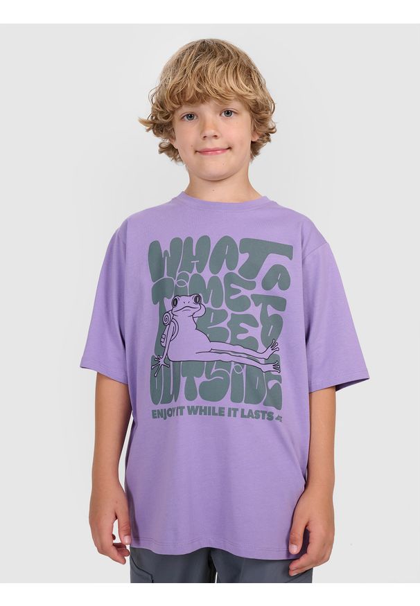 4f - 4F T-shirt oversize z nadrukiem chłopięcy - fioletowy 146 (10-11 lat). Okazja: na co dzień. Kolor: fioletowy. Wzór: nadruk. Sezon: lato. Styl: casual