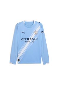 Puma - Męska koszulka domowa z długim rękawem Manchester City 25/26 PUMA. Kolor: biały, wielokolorowy, niebieski. Długość rękawa: długi rękaw. Długość: długie. Wzór: aplikacja, paski