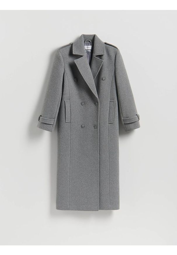 Reserved - Dwurzędowy płaszcz z wełną - szary. Kolor: szary. Materiał: wełna