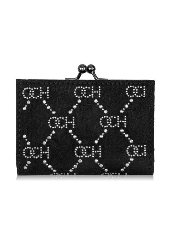 Ochnik - Czarny mały portfel z monogramem damski. Kolor: czarny. Materiał: skóra. Wzór: aplikacja