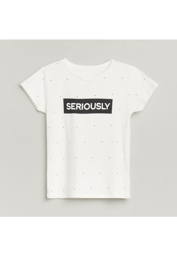 Reserved - Bawełniany t-shirt z napisem - Kremowy. Kolor: kremowy. Materiał: bawełna. Wzór: napisy