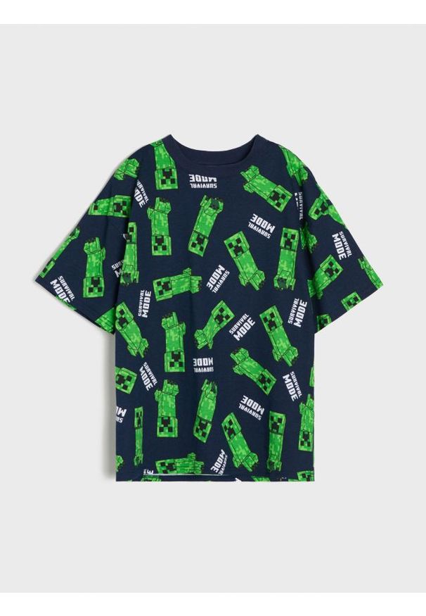 Sinsay - Bawełniana koszulka ze wzorem Minecraft - granatowy. Kolor: niebieski. Materiał: bawełna